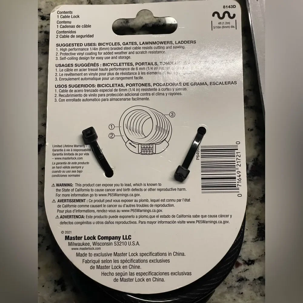 Bicycle Accessories (NEW) Master 4ft Lock Black Cable Lock & Bike Hooks